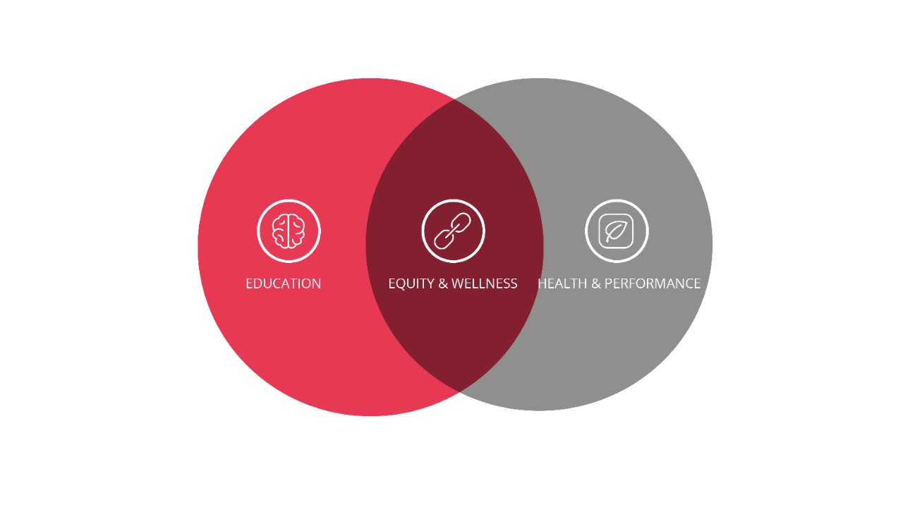 VENN DIAGRAM CONSISTING OF RED CIRCLE OVERLAPPING WITH GRAY CIRCLE.  RED CIRCLE HAS THE WORD EDUCATION WITH THE ICON OF A BRAIN, THE GRAY CIRCY HAS THE WORDS HEALTH & PERFORMANCE WITH AN ICON OF A LEAF.  THE OVERLAP AREA HAS THE WORDS EQUITY AND WELLNESS WITH A CHAIN LINK ICON.