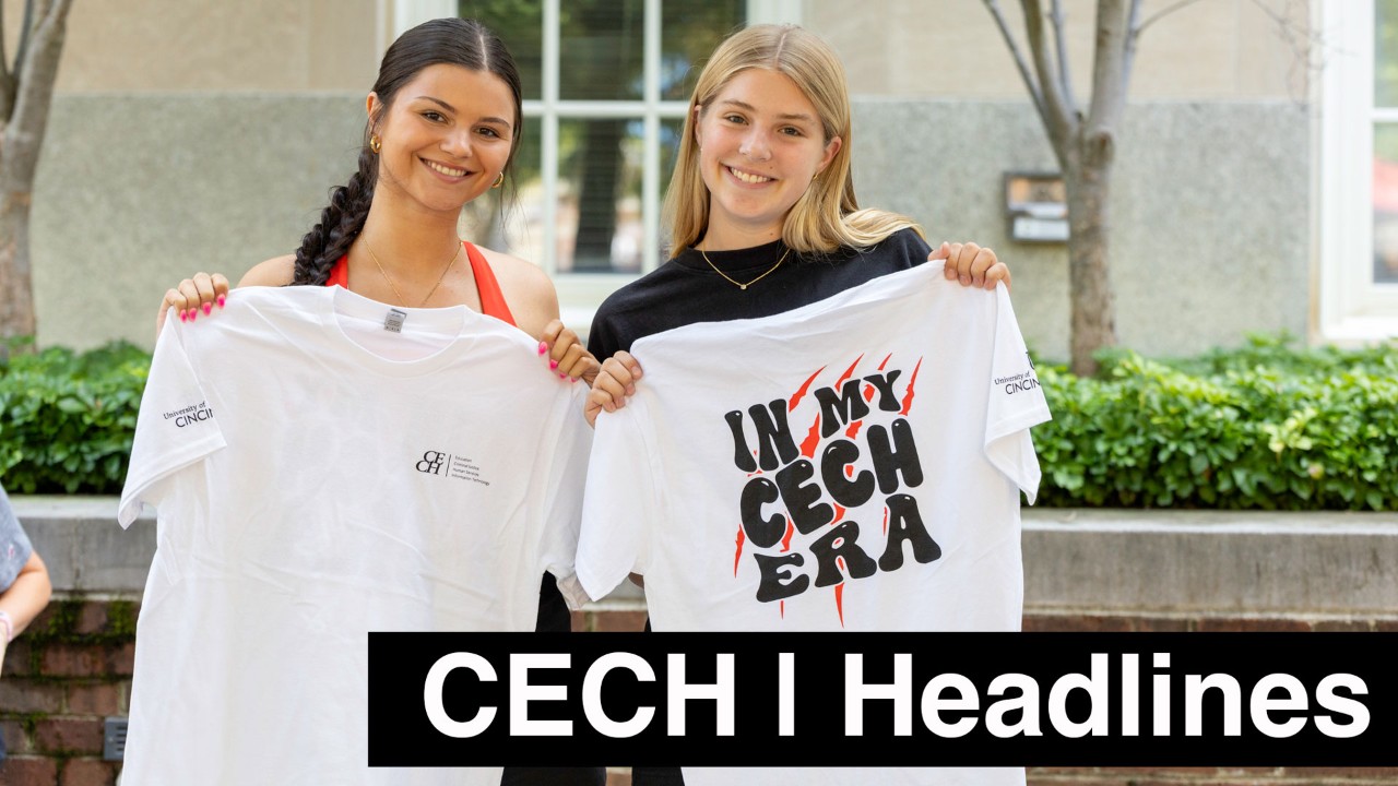 two students smile while holding shirts that say in my c e c h era, text at the bottom reads c e c h headlines