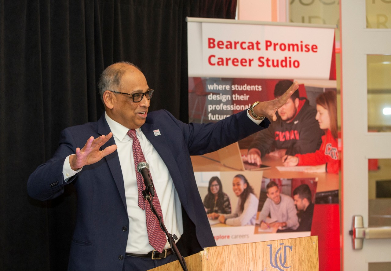 University of Cincinnati president Neville G. Pinto gestured as he spoke during Grand Opening of the Bearcat Promise Career Studio at TUC Thursday January 23, 2020. UC/Joseph Fuqua II