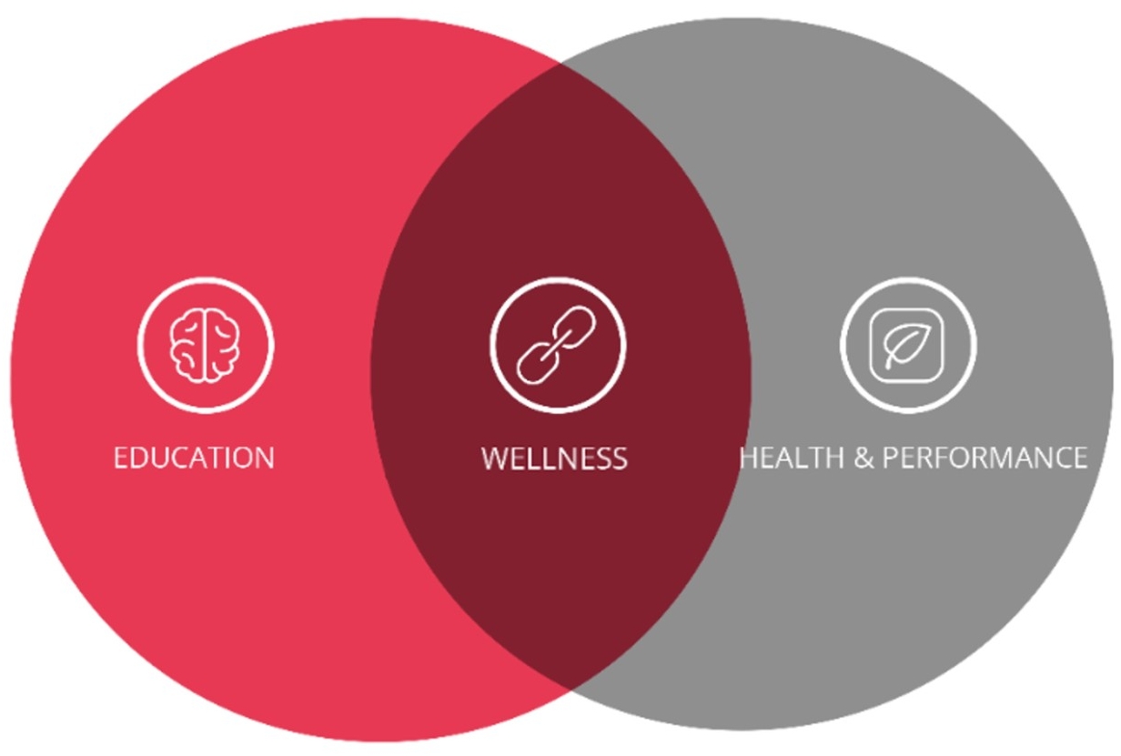 VENN DIAGRAM CONSISTING OF RED CIRCLE OVERLAPPING WITH GRAY CIRCLE.  RED CIRCLE HAS THE WORD EDUCATION WITH THE ICON OF A BRAIN, THE GRAY CIRCY HAS THE WORDS HEALTH & PERFORMANCE WITH AN ICON OF A LEAF.  THE OVERLAP AREA HAS THE WORDS EQUITY AND WELLNESS WITH A CHAIN LINK ICON.